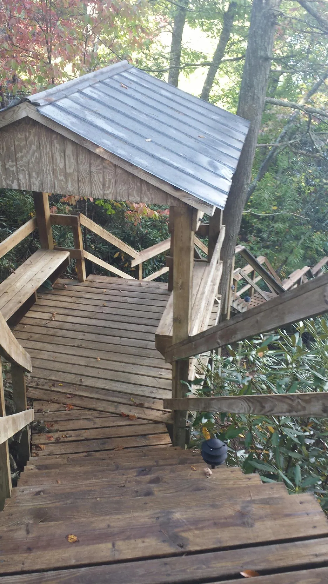 Metal roofed shelter over wooden steps on a wooded walkway — Skylight Repair & Installation work by our crew in Painesville